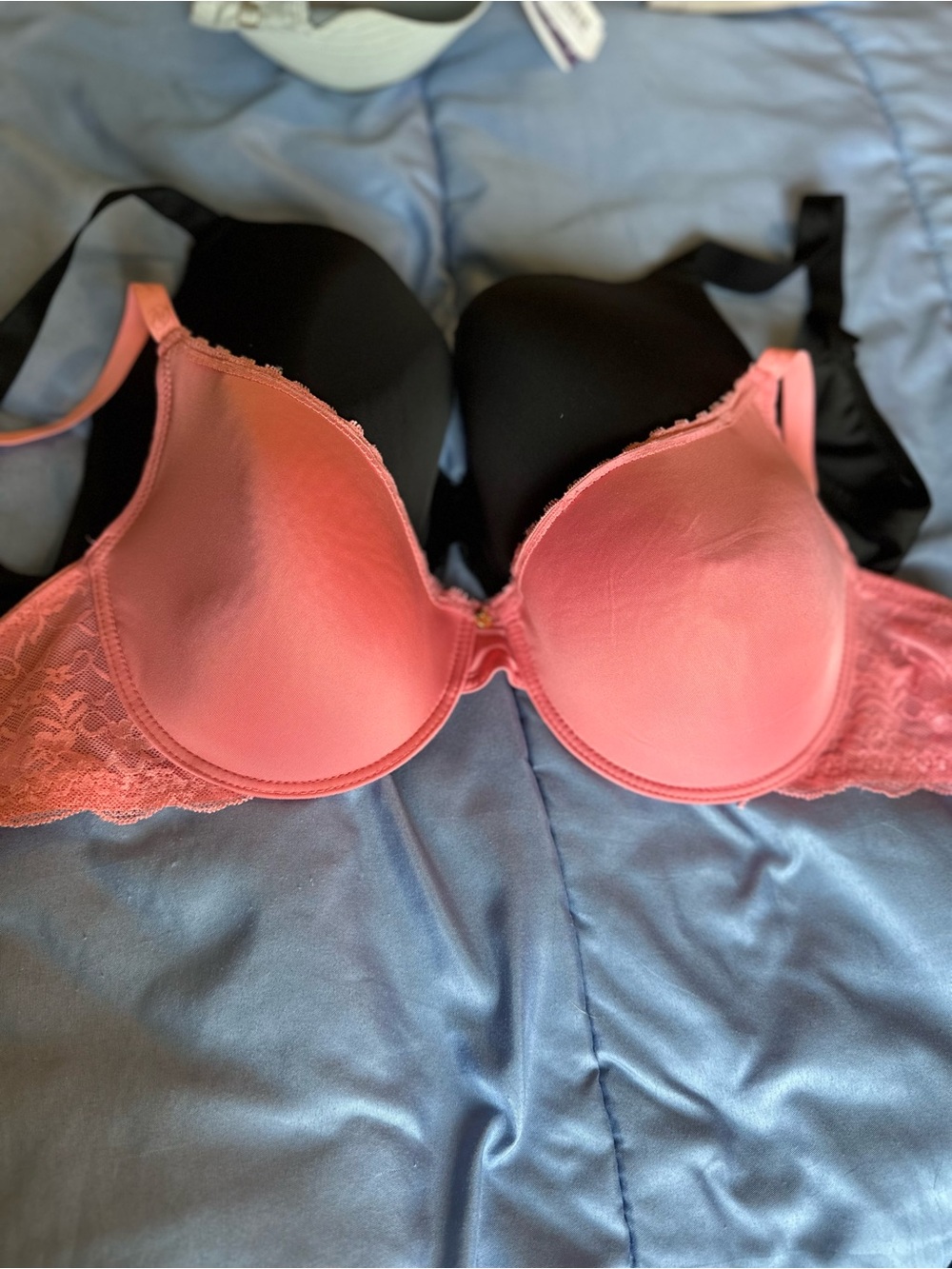 Two Bras - Women’s Peach Lace Trim T-Shirt Bra and Black T-Shirt Bra